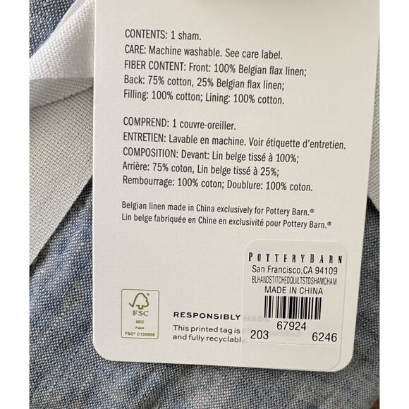 Pottery Barn Belgian Flax Linen Hand-Stitched Sham 26 inches X 20 inches NEW - Picture 4 of 5